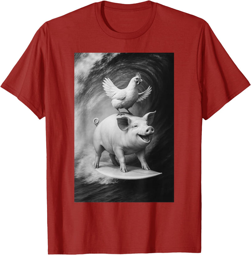 Surf Animal Lovers Funny Pet Summer Waves Vibes. Funny Surfing Pig and Chicken Selfie On Farm Animal T-Shirt - Cranberry Red