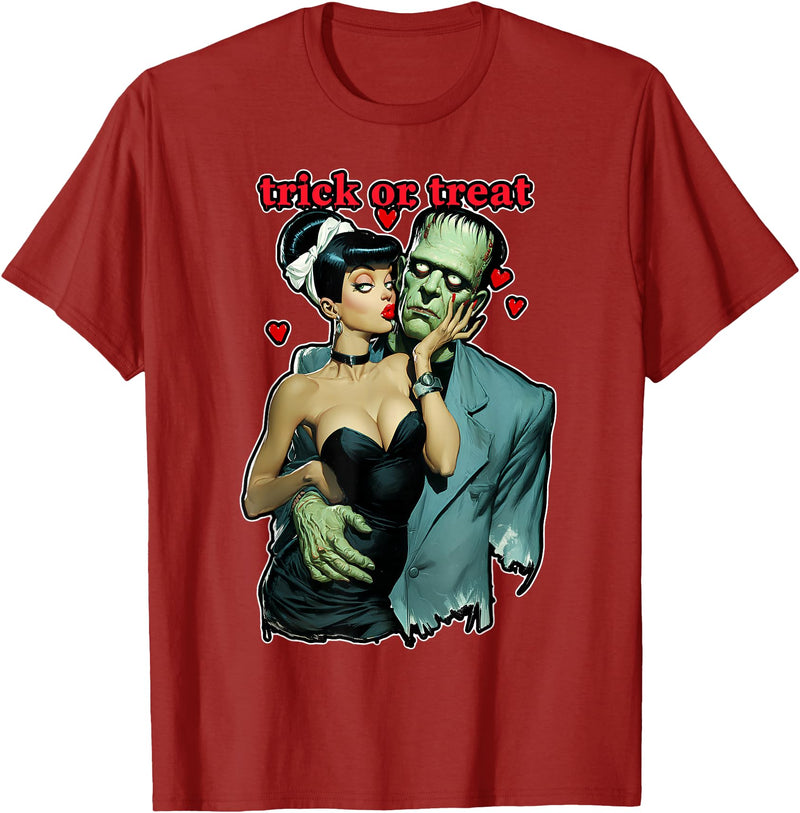 Dinosaurus Rekx Halloween Romantic Frankenstein and Wife Love Heart Graphic T-Shirt - Cranberry Red