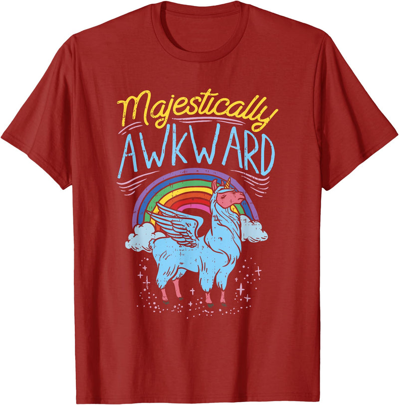 Llama Queen Birthday Party Gift Majestically Awkward Funny Llamacorn Llama Unicorn Rainbow T-Shirt - Cranberry Red