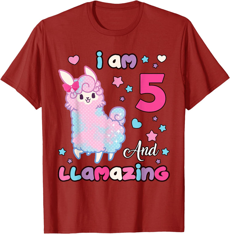 Llamazing Birthday Girl Llama Family BW Art Llama I Am Five and Llamazing 5 Years Old 5th Birthday Girl T-Shirt - Cranberry Red
