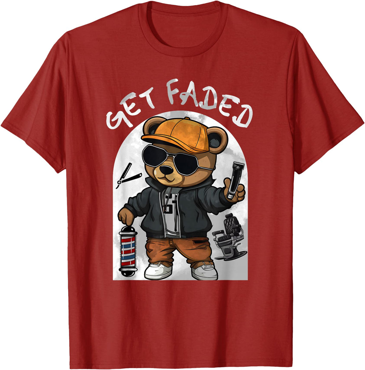 Black Barbershop African American Barber Designs Get Faded Hip Hop Teddy Bear Barber Streetwear Fade Haircut T-Shirt - Cranberry Red