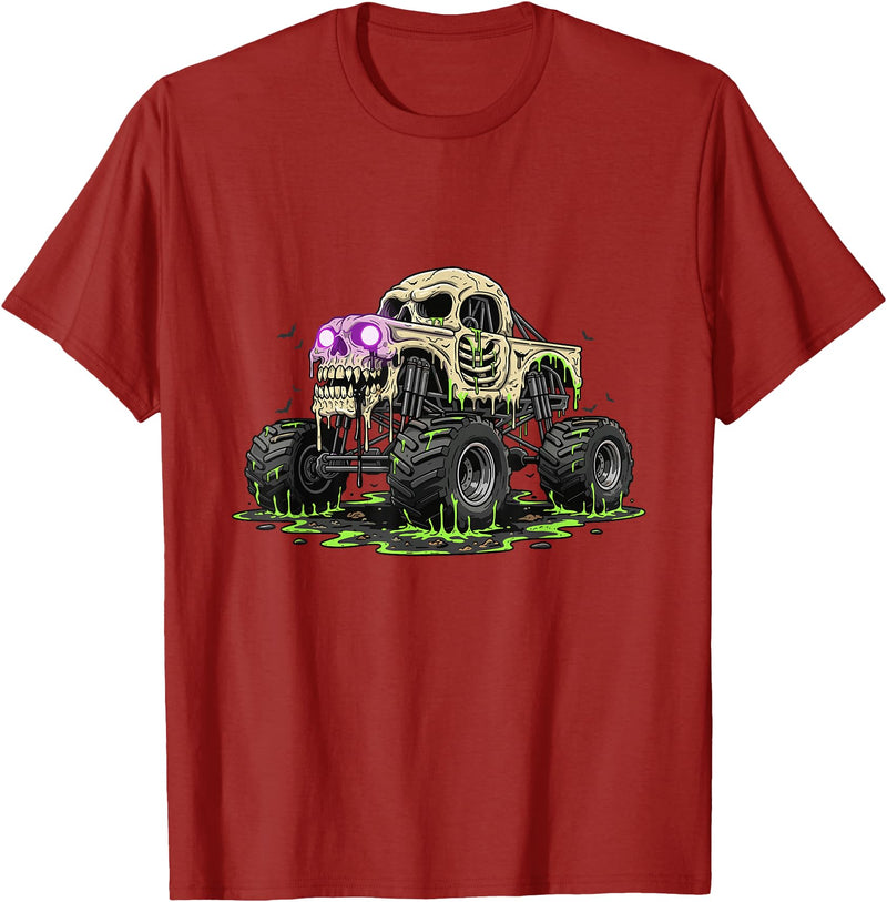 Funny Monster Truck Horror Gift Idea Skeleton Drip Monster Truck Skull Bones Creepy Halloween T-Shirt - Cranberry Red
