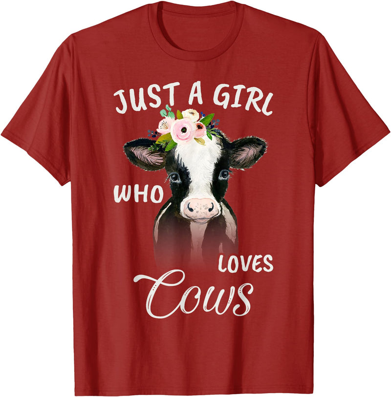 TeePrincess Funny Gift Watercolor Just A Girl Who Loves Cows T-Shirt - Cranberry Red