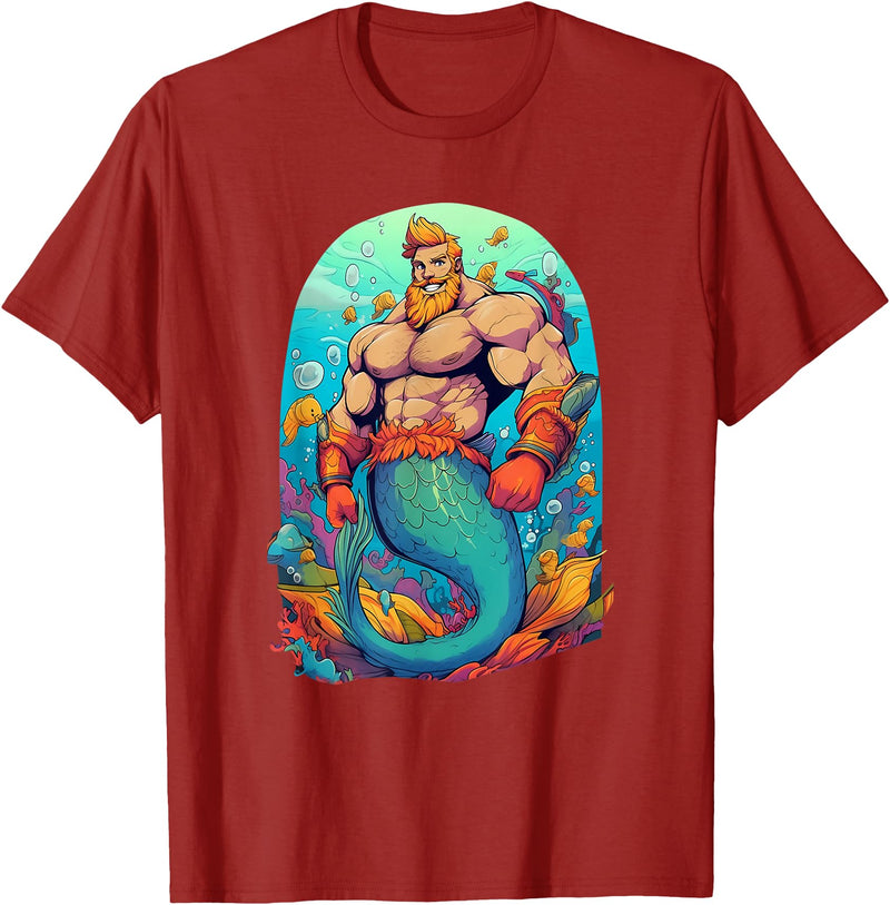 Gay Pride Merman Bear Muscle Daddy Hunk Mermaid LGBTQ Transgender Gay Muscle Dad Bear Mermaid Gay Merman T-Shirt - Cranberry Red