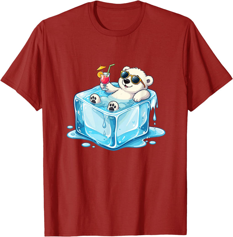 Cool Polar Bear Summer Vibes Chill Ice Cube Lazy Polar Bear in Ice Cube Tropical Cocktail T-Shirt - Cranberry Red
