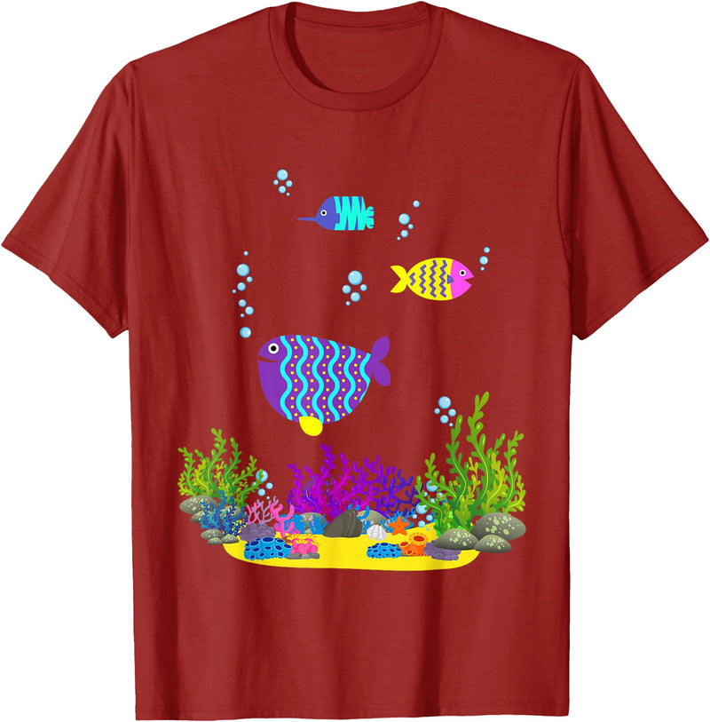 Cute Cartoon Sealife Art Hawaiian Triggerfish Coral Funny Tropical Fish Cartoon Art T-Shirt - Cranberry Red