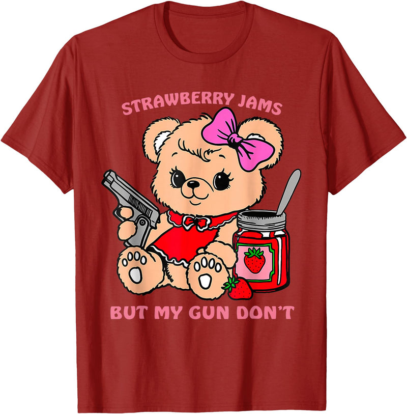 Strawberry Jams But My Gun Don't Funny Teddy Bear T-Shirt - Cranberry Red