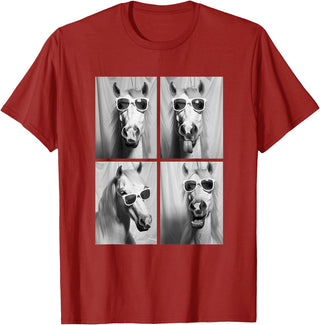 Funny Animal Photography Clothing Co. Cute Horses with Sunglasses Hipster Photo Booth Memes T-Shirt - Cranberry Red