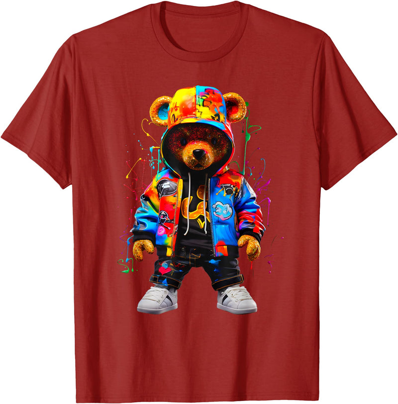 Hip-Hop Teddy-Bear Aesthetic Urban StreetWear Co. Hip-Hop Teddy-Bear Colorful Teddybear with Hoodie Graphic T-Shirt - Cranberry Red