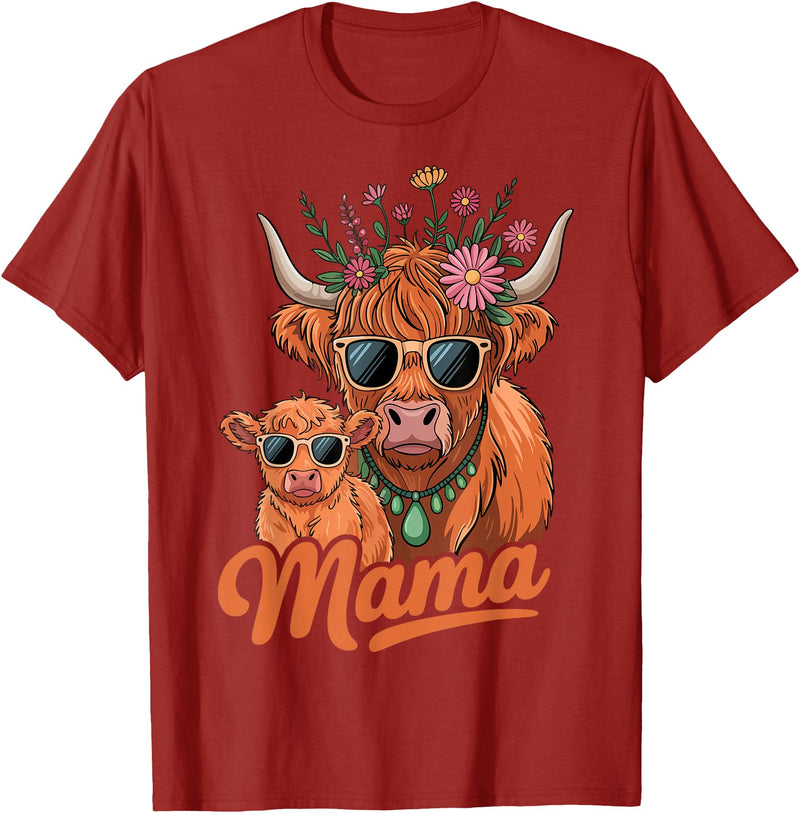 Scottish Farm Matching Mom Daughter Highland Cow Highland Cow Mama Mom Baby Calf Daughter Floral Mothers Day T-Shirt -
