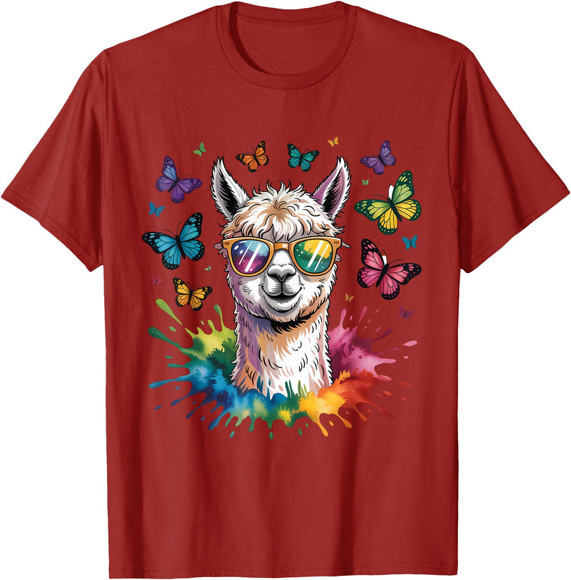 Funny Llama Lover Graphics Cute Llama with Sunglasses Animal Art Graphic Funny Alpaca T-Shirt - Cranberry Red