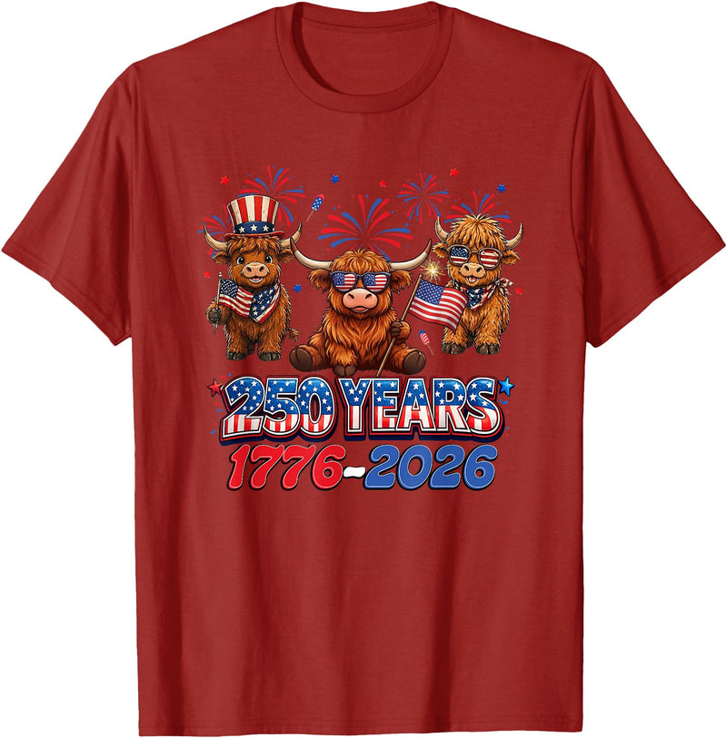Scottish Highland Cow Print 250th Anniversary Gift 250 Years America Anniversary Cow 4th July America 1776 2026 T-Shirt -