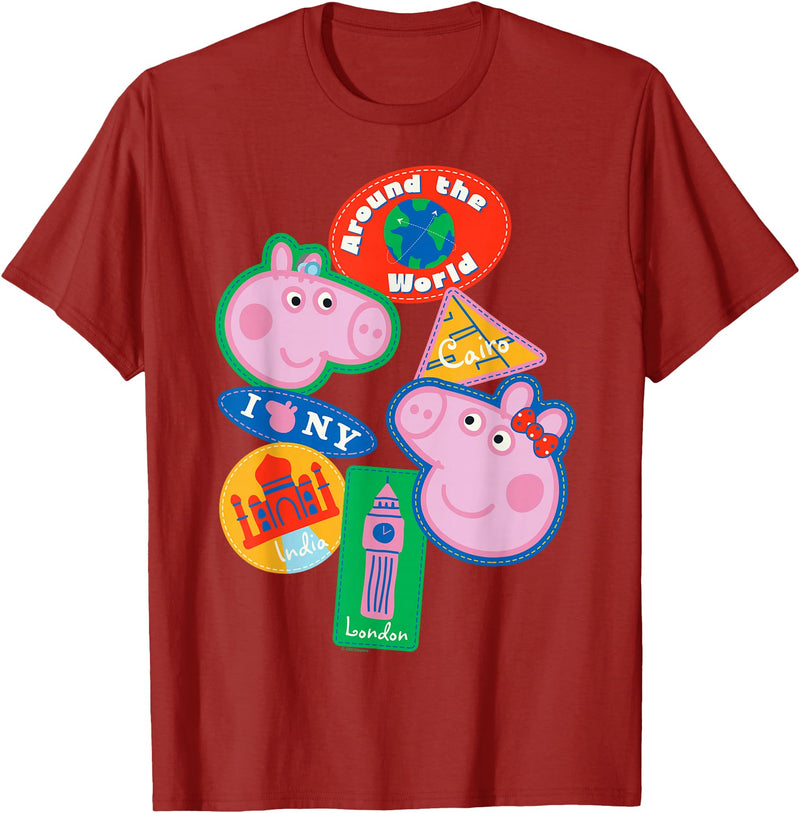 Peppa Pig Travel Patches Around The World Cairo India London T-Shirt - Cranberry Red