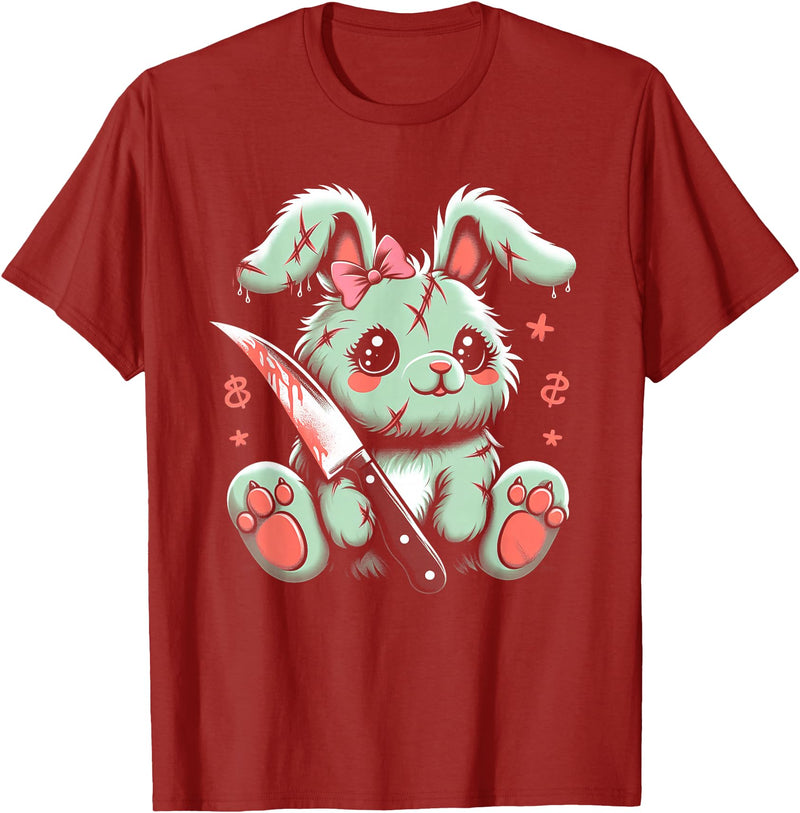 Creepy Cute Bunny Rabbit Alt Goth Grunge Horror Aesthetic T-Shirt (Black) in Cranberry Red