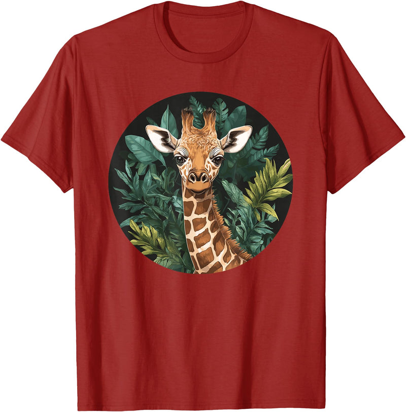 Nature Wildlife Giraffe Safari Jungle Giraffe With Tropical Jungle Leaves T-Shirt - Cranberry Red