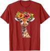 Aesthetic Giraffe Art Cute Floral Giraffe With Flower Crown T-Shirt - Cranberry Red