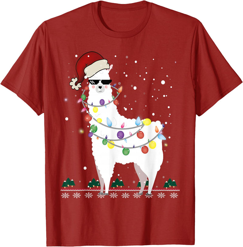 Christmas Llama Santa Hat Ugly Xmas Tee Christmas Llama Santa Hat Ugly Xmas Tree Alpaca Gift T-Shirt - Cranberry Red