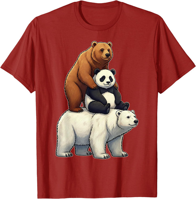 Cute Bear Panda Polar Bear Stack Funny Wildlife Funny Bears Stacked Panda Grizzly Polar Bear Trio Meme Art T-Shirt - Cranberry Red