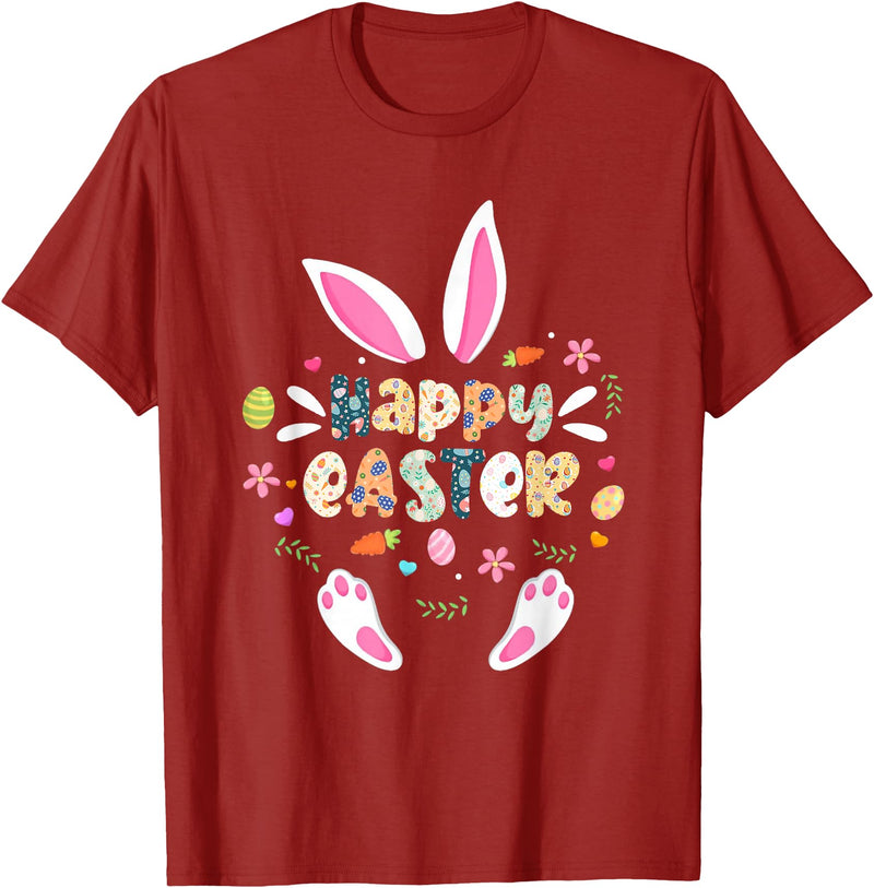 Happy Easter Bunny Rabbit Face Funny Easter Day Women Girls T-Shirt (Navy Blue) in Cranberry Red