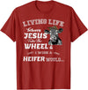 apparelaxArt Living Life Somewhere Between Jesus Take The Wheel Cow T-Shirt - Cranberry Red