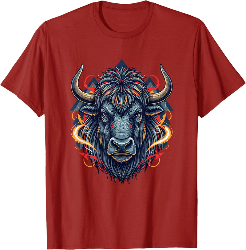 Wild Buffalo Bison Tribal Western Spirit Fierce Wild Bison Head Tribal Geometric Buffalo T-Shirt - Cranberry Red