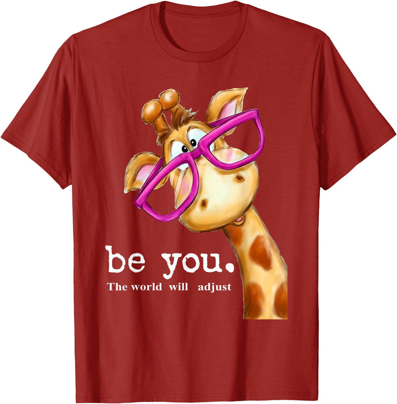 Sarcasm Funny Gag Gifts Tee for Men Women Be You The World Will Adjust Cute Lover Giraffe Glasses T-Shirt - Cranberry Red