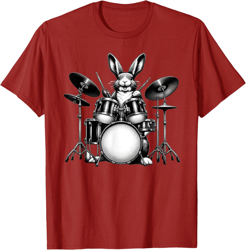 Cute Rabbit Bunny Playing Drums Rabbits Drummer Music T-Shirt in Cranberry Red