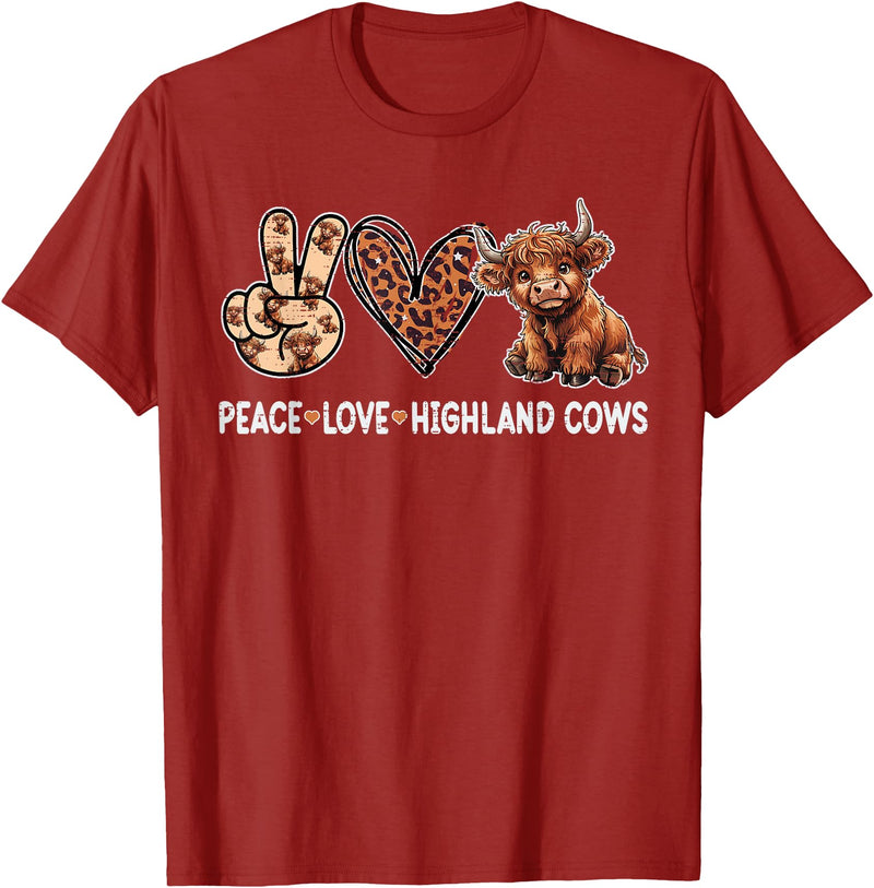 Highland Cow shirts for Girls Women Kids Peace Love Highland Cows Funny Beef Farmer Farm Cow Lover T-Shirt - Cranberry Red
