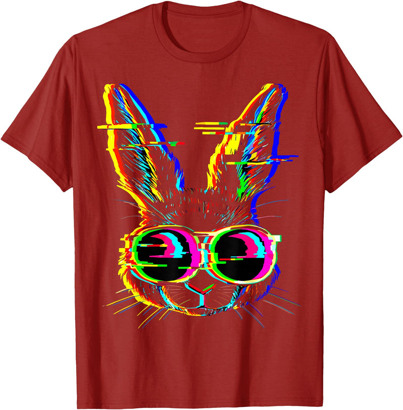 Trippy Rabbit Vibrant Glitch Effects Vaporwave EDM Lover T-Shirt in Cranberry Red