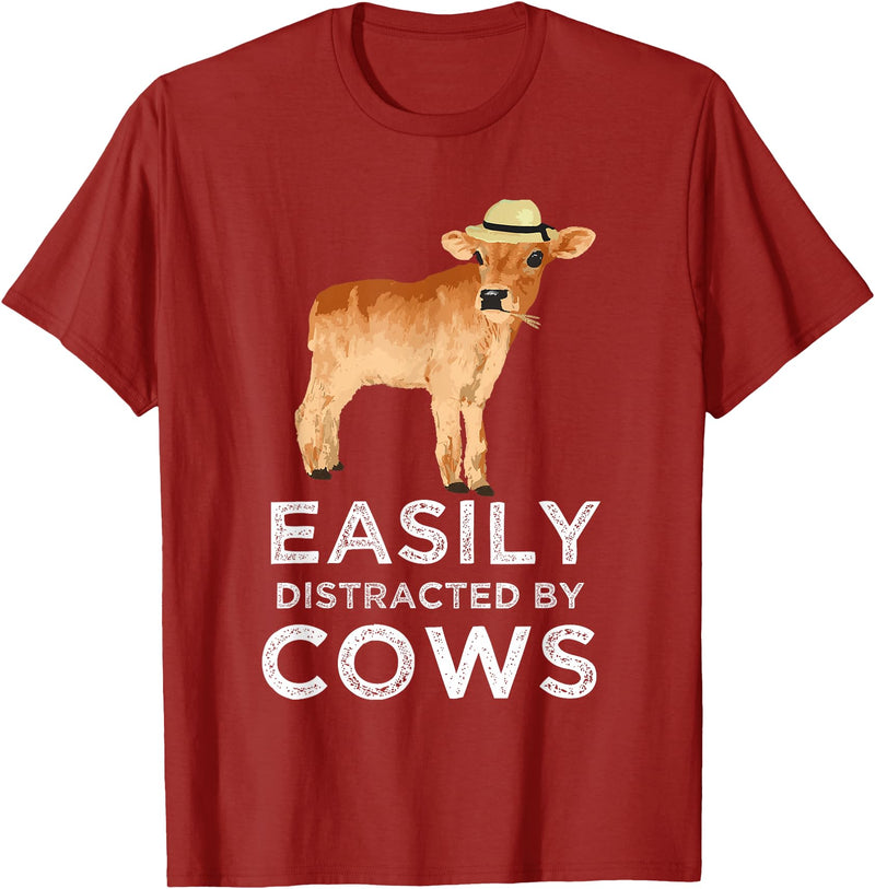 Cartba Cow Co. Fun Cute Easily Distracted By Cows Unisex-Adults Black T-Shirt - Cranberry Red