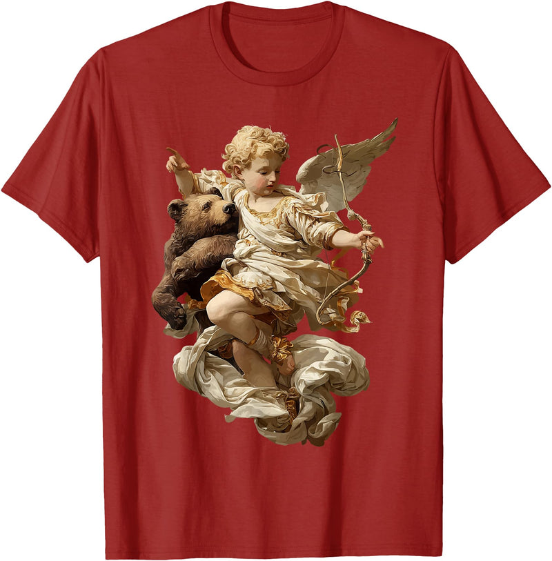 Vintage Angel Aesthetic Classical Art Cute Cherub Angel with Bear Baroque Renaissance Aesthetic T-Shirt - Cranberry Red