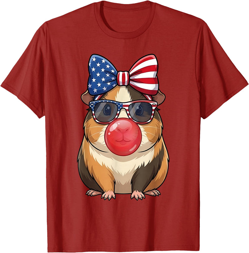 Cute Guinea Pig Bubble Gum Coquette Bow Girls Kids Patriotic Guinea Pig 4th of July Bow American Flag Girls T-Shirt - Cranberry Red