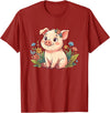 Cute Farm Piglet With Wildflowers Pastel Kawaii Baby Pig Surrounded by Colorful Flowers T-Shirt - Cranberry Red