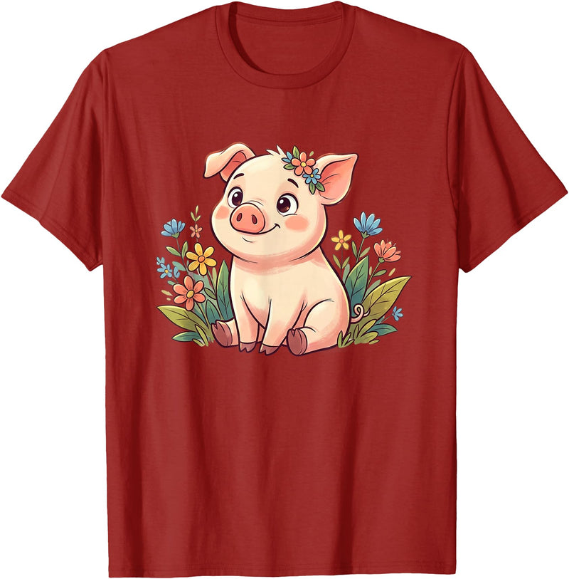 Cute Farm Piglet With Wildflowers Pastel Kawaii Baby Pig Surrounded by Colorful Flowers T-Shirt - Cranberry Red