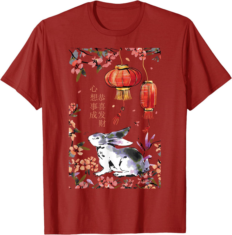 Cute Chinese New Year Rabbit for Women Watercolor Flowers T-Shirt in Cranberry Red