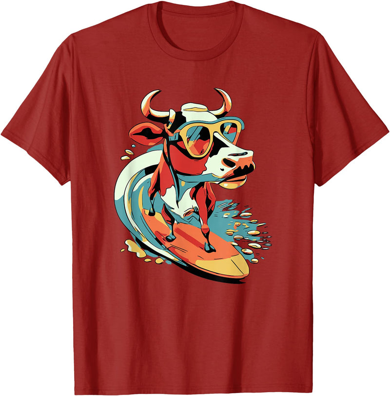Surfing Cow Catching a Wave Surfer Design Co. Surfing Cow Catching a Wave Farmer Surfer Surf Time T-Shirt - Cranberry Red