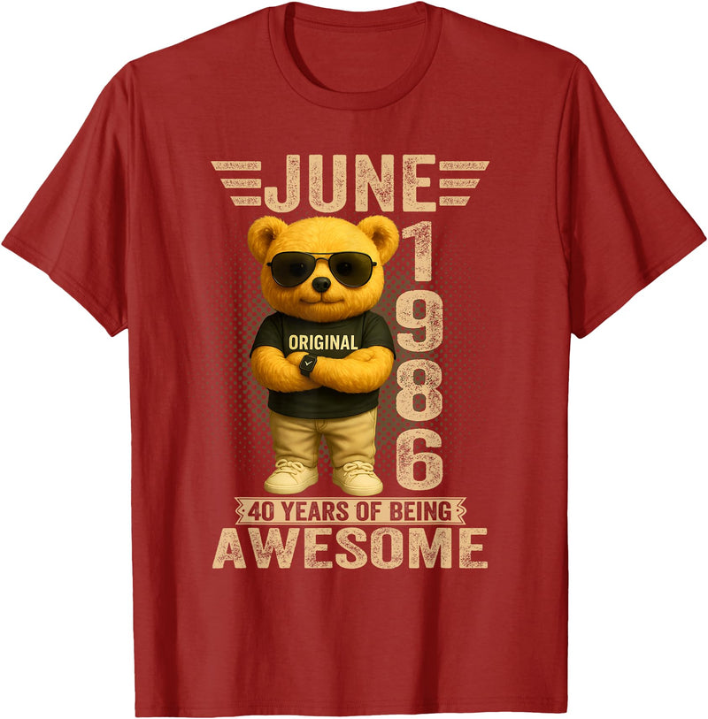 June 1986 40th Birthday Gifts for Men Women 40 Year Old June 1986 Teddy Bear 40th Birthday Men Women T-Shirt - Cranberry Red