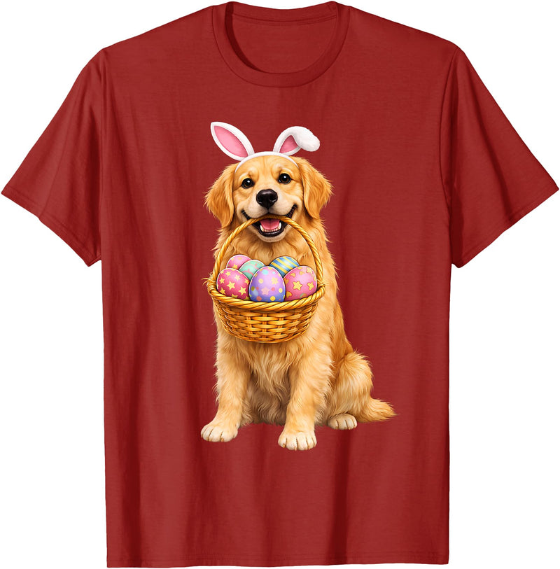 Golden Retriever Bunny Ears Eggs Cute Easter Dogs T-Shirt in Cranberry Red