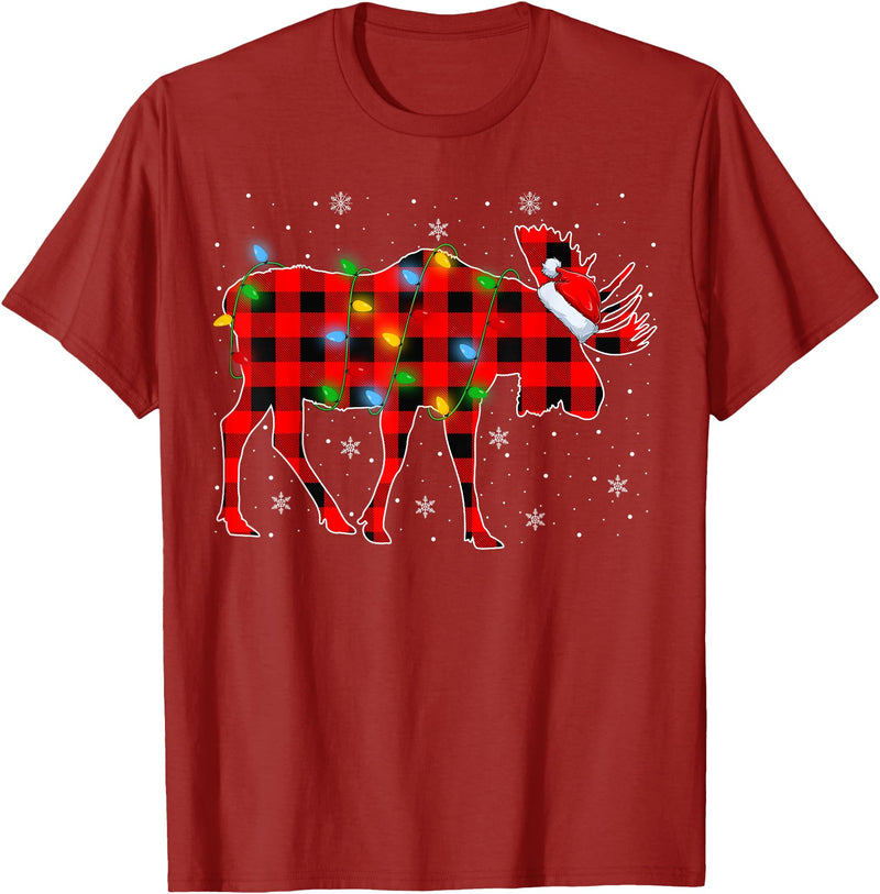 Buffalo Plaid Moose Christmas Gifts Moose Xmas Lighting Buffalo Plaid Moose Christmas Pajama T-Shirt - Cranberry Red