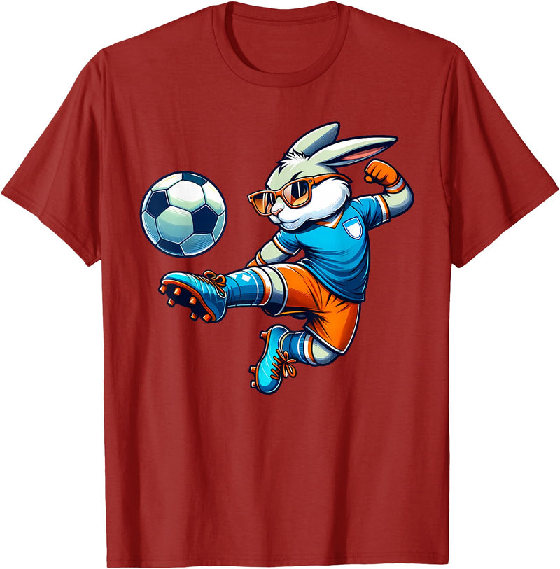 Happy Easter Bunny Soccer Player Lover Sport Rabbit T-Shirt in Cranberry Red