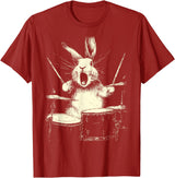Cute Rabbit Playing Drums Funny Music Animal Drummer Graphic T-Shirt in Cranberry Red