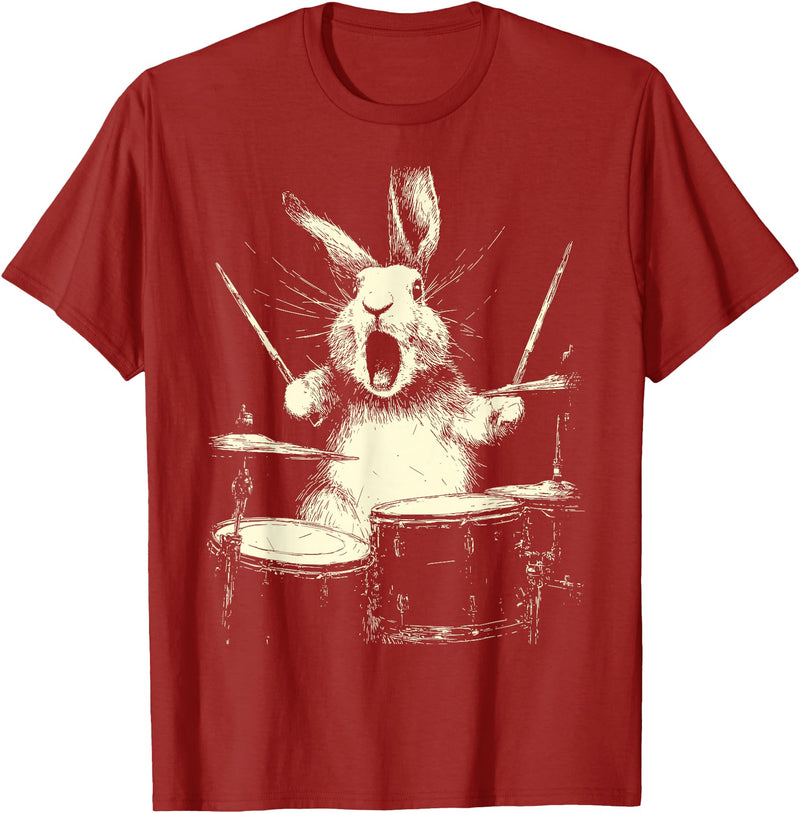 Cute Rabbit Playing Drums Funny Music Animal Drummer Graphic T-Shirt in Cranberry Red