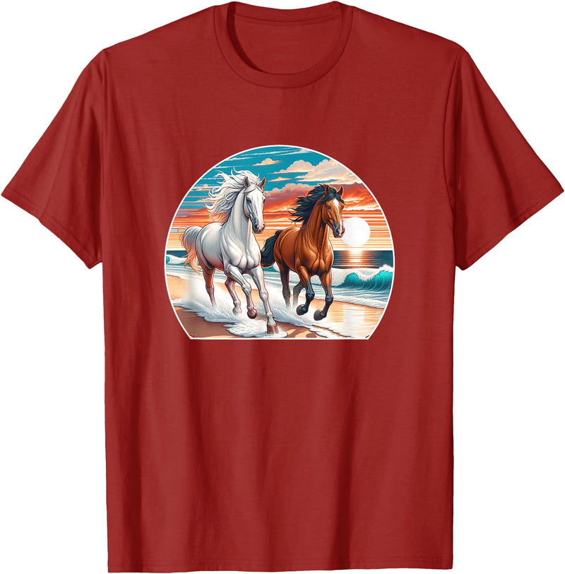 Horses Running On The Beach - T-Shirt - Cranberry Red