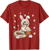 Cute Easter Bunny Rabbit with Eggs Whimsical Snake Design T-Shirt in Cranberry Red
