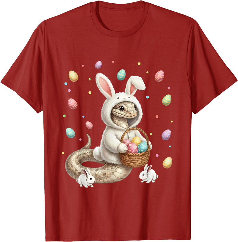 Cute Easter Bunny Rabbit with Eggs Whimsical Snake Design T-Shirt in Cranberry Red