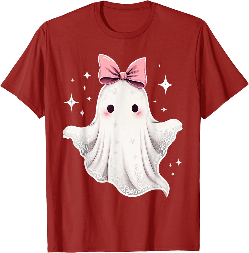 Halloween Ghost Coquette Bow Tee Ghost Coquette Bow Halloween Kawaii Girls Women Spooky T-Shirt - Cranberry Red