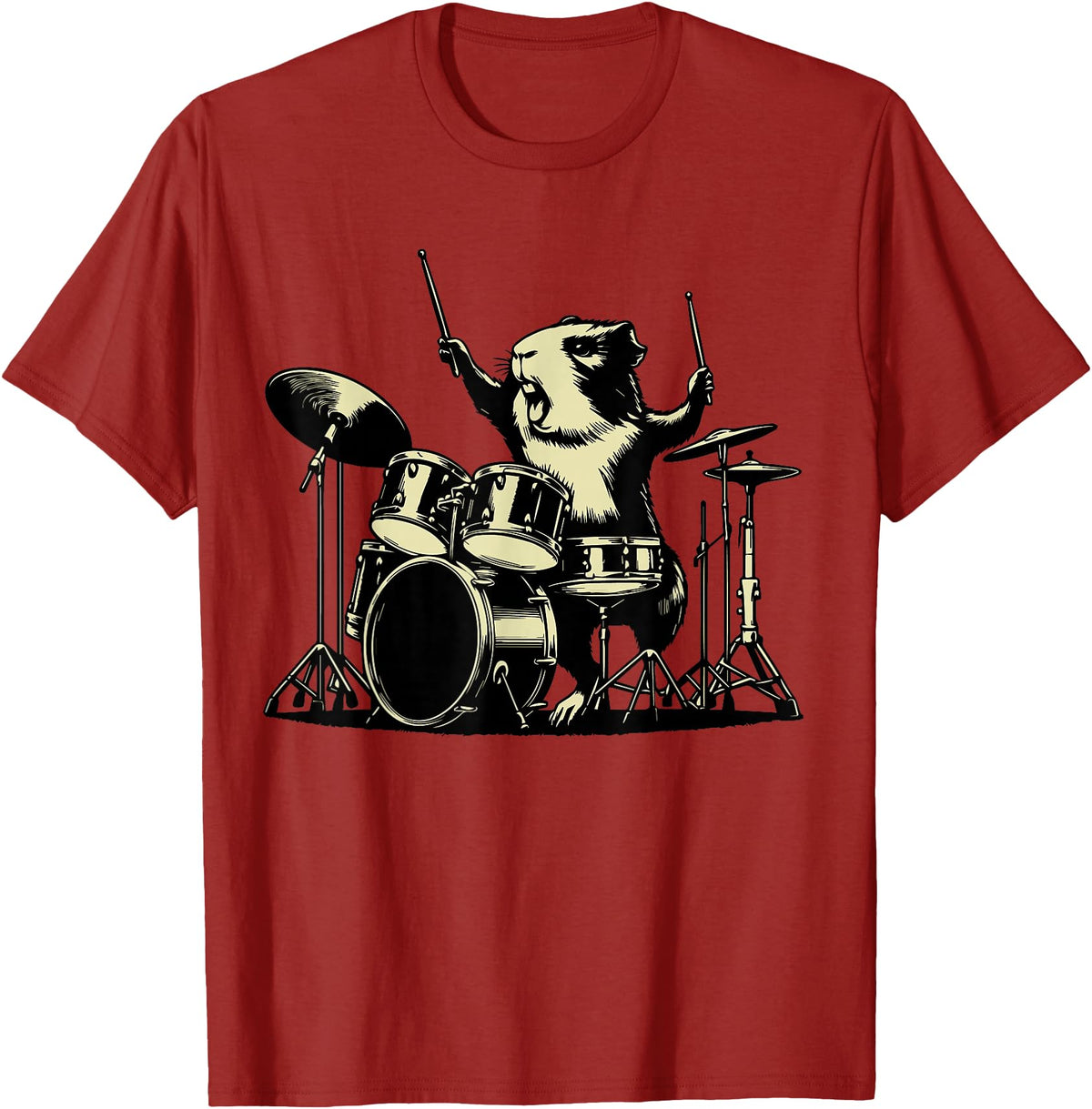 Retro Drummer Guinea Pig Lover Rock Design Guinea Pig Drummer Rock Drummer Guinea Pig Playing Drums T-Shirt - Cranberry Red