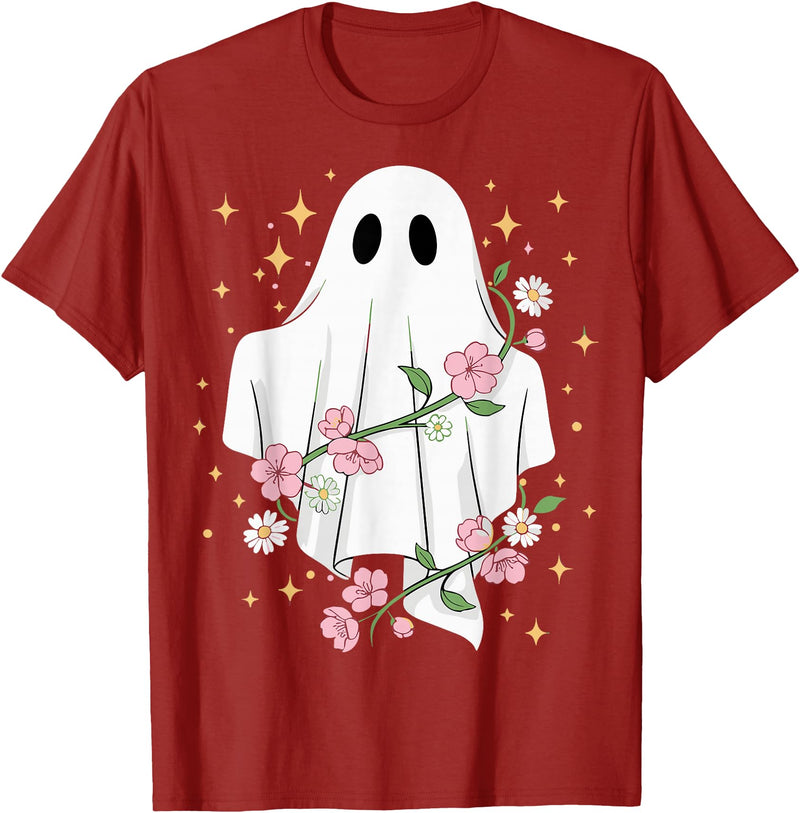 Halloween Ghost Lovers Cute Ghost with Flowers Halloween T-Shirt - Cranberry Red