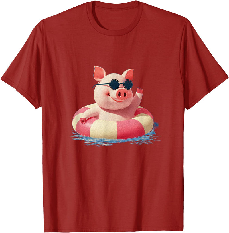 Vacation Pig Outfit Pig Sunglasses Graphic with Beach Ring T-Shirt - Cranberry Red