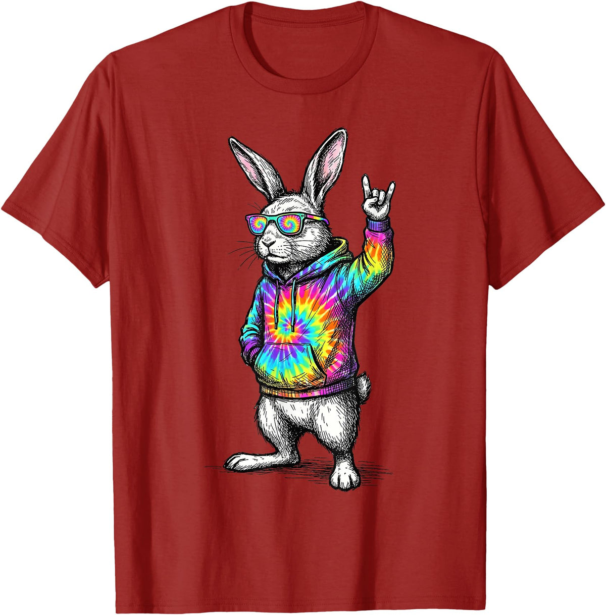 Cute Easter Bunny Rock Rabbit Sunglasses Happy Easter T-Shirt in Cranberry Red